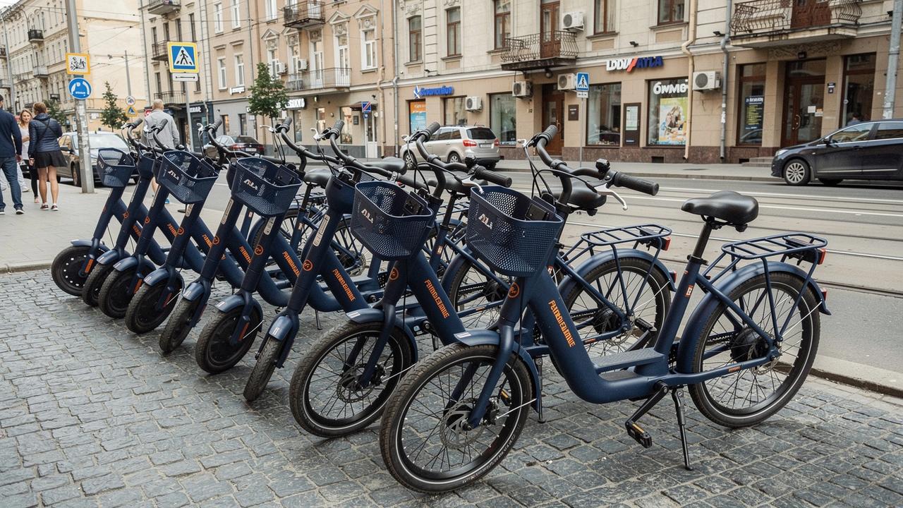 Row of electric scooters and e-bikes parked outside the rental pickup point in Kyiv