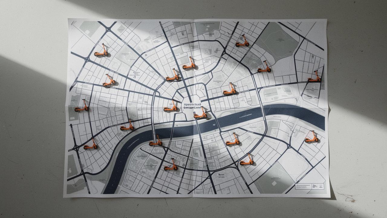 Street map of central Kyiv with scooter pickup points marked in orange